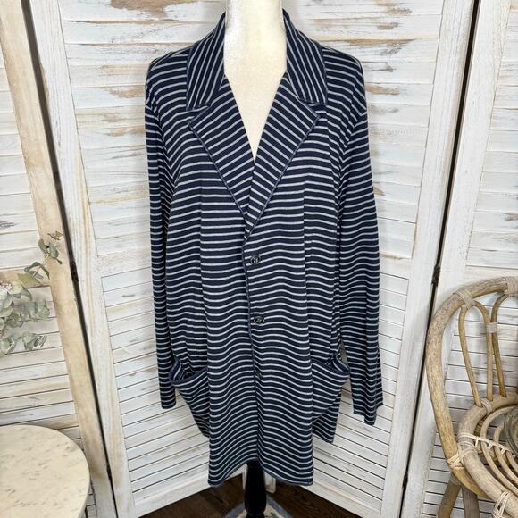 J. JILL Women's PLUS 3X Striped Button Sweater Blazer Jacket Navy Blue Gray - Picture 3 of 16